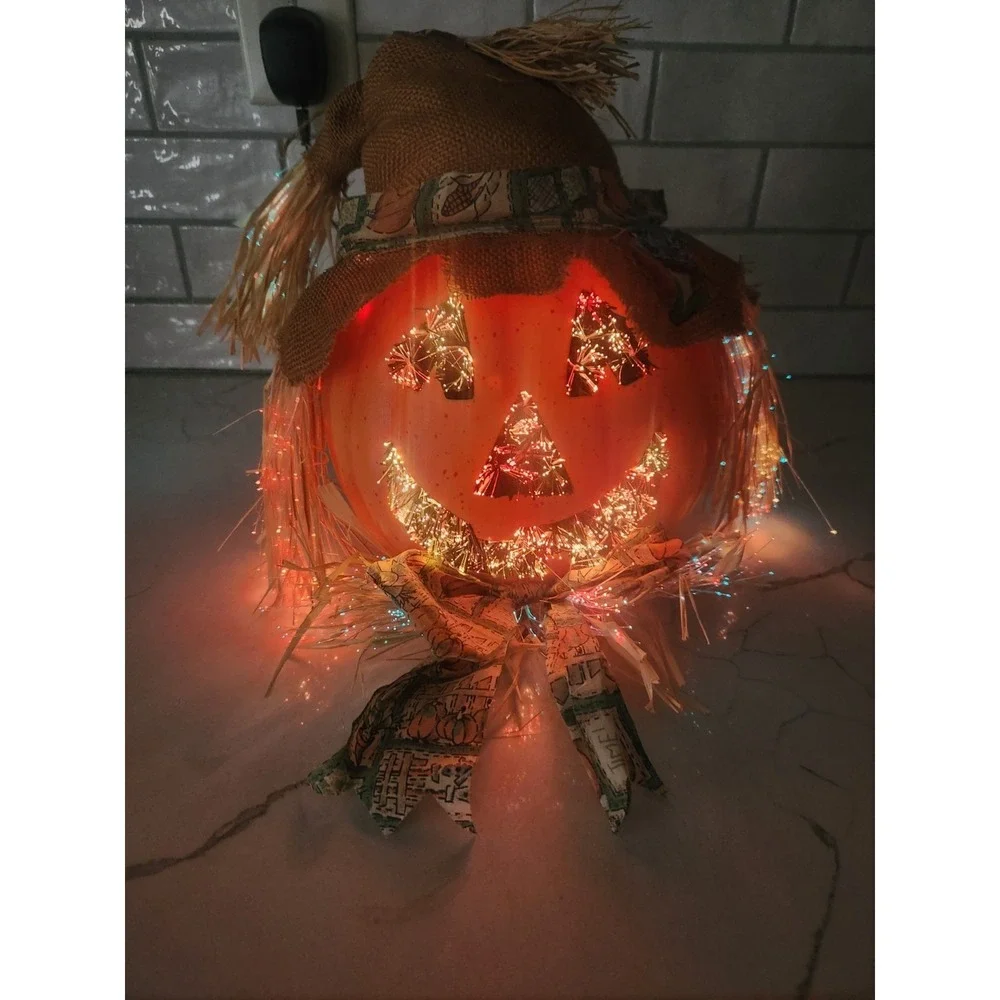 Vtg. Halloween Scarecrow Fall Pumpkin Fiber Optic Color Changing Jack O Lantern